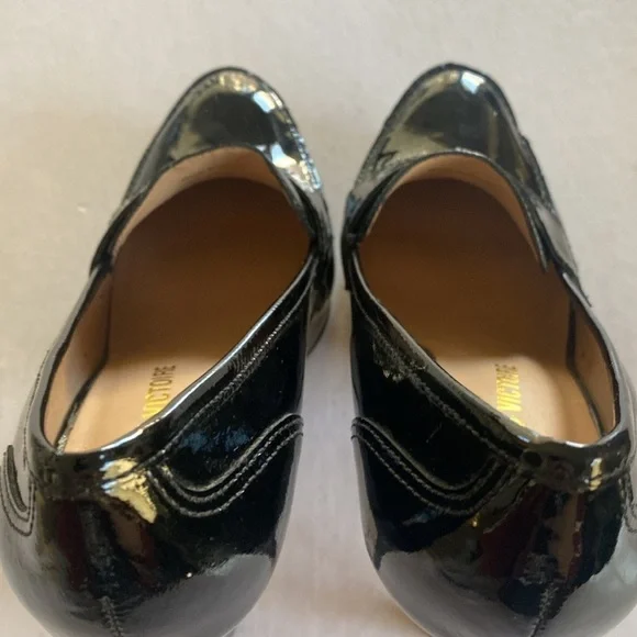 POUR La VICTOIRE Black Patent Leather Platform Loafer Heels Size 7.5